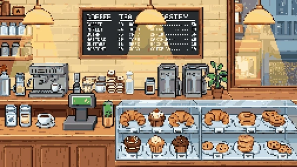 a pixelated café